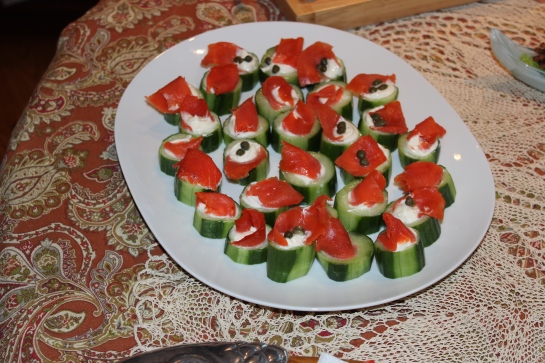 My mom, brother, sister and her fiance traveled to the Olympic Peninsula.  These cucumber bites have cream cheese + smoke salmon + capers.